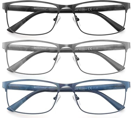 MODFANS 3 Paire de Lunettes de Lecture 2.5 Homme Anti Lumiere Bleue - Monture Rectangle en Metal Acier Inoxydable Lunettes de Vue Lunettes Loupe Noir-Gris-Bleu