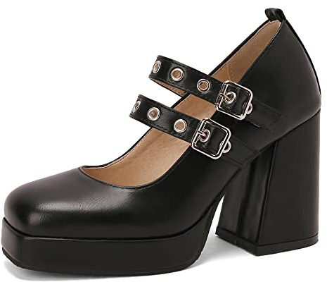 Scarpe Mary Jane da Donna con Tacco Grosso, Pompe al Tallone Alto Square Toe Fibbia Vestito Pumps con Plateau retrò Pnaouv Nero Numero 33 EU