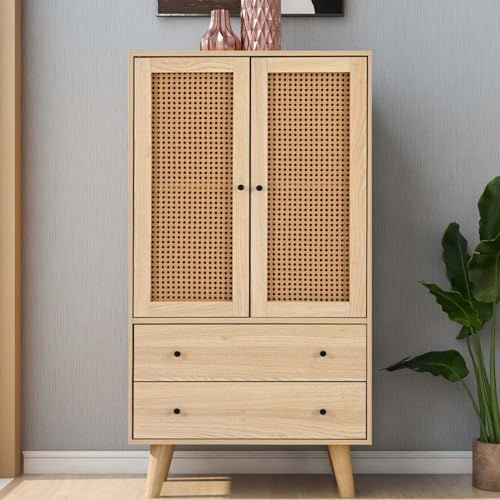 KOMHTOM Commode en rotin, avec 2 portes et 2 tiroirs, armoire de rangement avec porte magnétique, couleur bois d'origine, armoire polyvalente pour chambre à coucher, salon, couloir (B)
