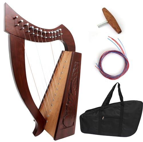 Irish Celtic Harp 12 Strings Musical Tuning Instrument Natural Solid Rosewood Tuning Key Knotwork And Extra Strings Set & Free Key Wrench And Free Carry Bag (Brown 12 String Harp)