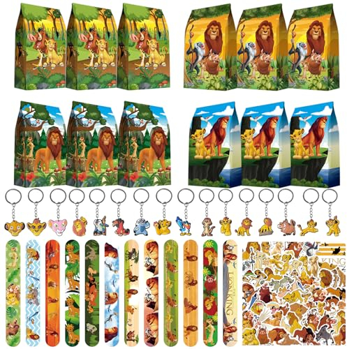 Clvsyh Gadget Compleanno Bambini Kit, 86Pcs Regalo per Feste Leone, Braccialetti a Scatto, Sacchetti Regalo, Bambino Portachiavi, Adesivi Impermeabili, Regali di Compleanno di Animali di Giungla