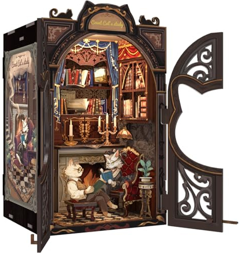 Cutefun Book Nook - Diorama-Modellbaukästen für Erwachsene - Bookshelf Puzzle DIY Miniatur Haus Kit Decor für Frauen Teenager Buchliebhaber (Count Cat's Study)