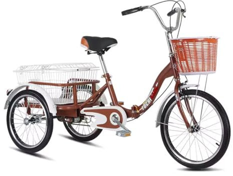 Cykelbelastning 20 tum, trehjulig kryssningscykel justerbar, trehjuling för vuxna, 3-hjulig lastcykel med korg och lock 200 kg för män, kvinnor och äldre, för cykelshopping (brun, nej