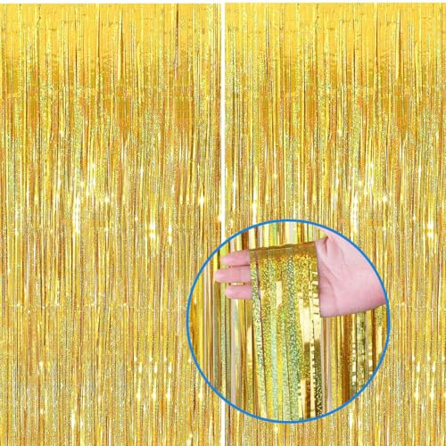 Jonami Tende Metalliche Oro a Brillantini, Orpelli e Festoni Lamina Frangia per Sfondo Fotografico e Decorazioni Festa Compleanno -2 Pz-