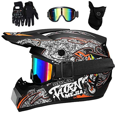 Gioventù Bambini MTB Casco da Motocross, con Occhiali Guanti Maschera, Integrale Fuori Strada Corse Moto MX ATV Scooter Casco, Sport Estremi Discesa Enduro Quad Bici da Cross Caschi(Matte Black Orange