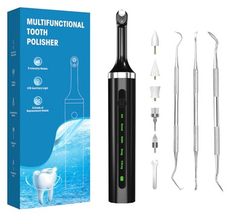 tooth Polisher - Plaque Remover for Teeth Whitening, Dental Tools: Electric Tartar Polishing Kit with LED Light, 5 Speed Modes, 5 Replacement Brush Heads (Black)