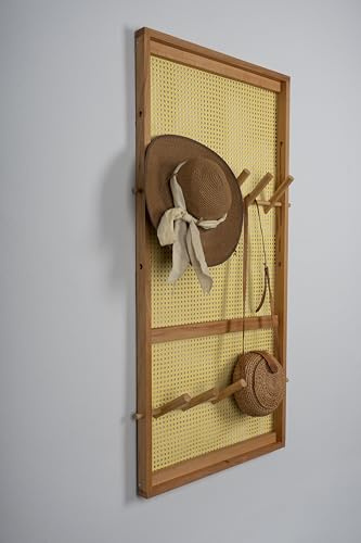 Handmade Wooden Coat Rack with Adjustable Hooks – 48.8” Wall Mounted Entryway Organizer – Boho Style Rattan Back Coat Hanger for Coats, Hats & Bags – Bedroom & Hallway Wall Hooks