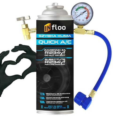 INfloo Quick A/C R1234yf – Fluide Frigorigène 185g + Flexible avec Manomètre | Recharge Climatisation Auto depuis 2017 | Clapet Anti-retour + Gants