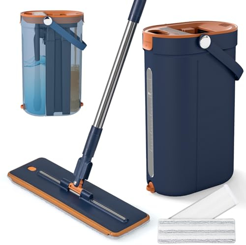 COSTWAY Mocio Lavapavimenti con Secchio, Mop Lavapavimenti Professionale con 3 Vasche e 2 Pad in Microfibra Lavabili, Mocio Piatto Portatile per Pulizia Pavimenti Bagnati e Asciutti (Blu Navy)