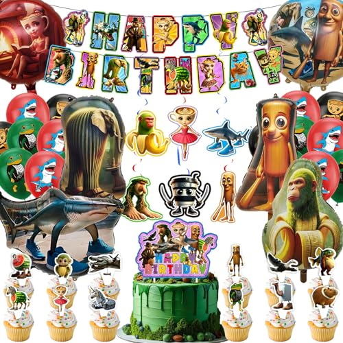 AUNGKWANG 44 Piezas Decoración de Fiesta de Cumpleaños Tung Tung Tung Sahur, con Decoración para Magdalenas, Pancarta y Globos, Happy Birthday Decoraciones, Brainrot Cumpleaños para Niñas y Niños