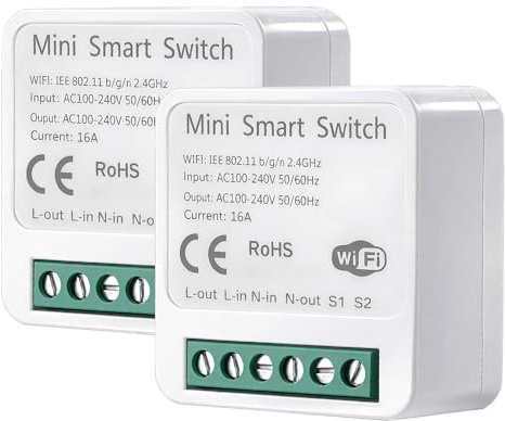 Pretify 2pcs Interruptor Inteligente WiFi, Smart Switch WIFI Compatible con Alexa Tuya y Smart Life, Mini Interruptor WiFi DIY, Interruptore Inteligente 2.4GHz, Requiere Cable Neutro
