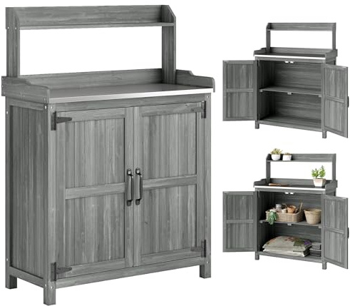 Outsunny Wooden Potting Bench Table Aluminium Worktop 91 x 40 x 124 cm Grey