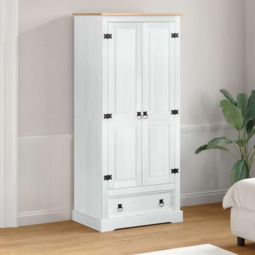 LoogCape Armario blanco 76 x 50 x 170 cm de madera maciza de pino con espacio de almacenamiento, 2 puertas, cajones, estantería, construcción robusta, estilo rústico, ideal para dormitorio, pasillo