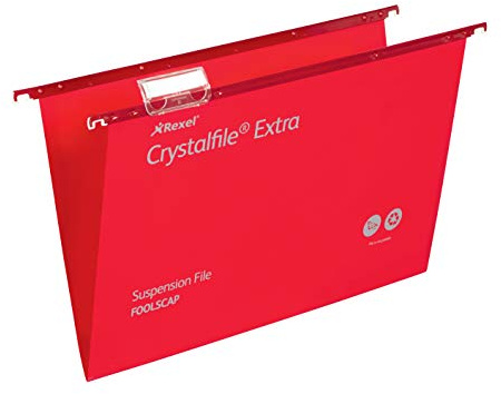 Rexel Foolscap Heavy Duty Suspension Files with Tabs and Inserts for Filing Cabinets, 15 mm base, Polypropylene, Red, Crystalfile Extra, Pack of 25, 70629