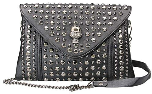 FiveloveTwo Punk Femme Sac à Bandouliere Petit Crâne Sacs portés épaule Chaîne de Rivet Cuir PU Sac à main Sachet Bourse Sacoche Pochettes Clutches Noir