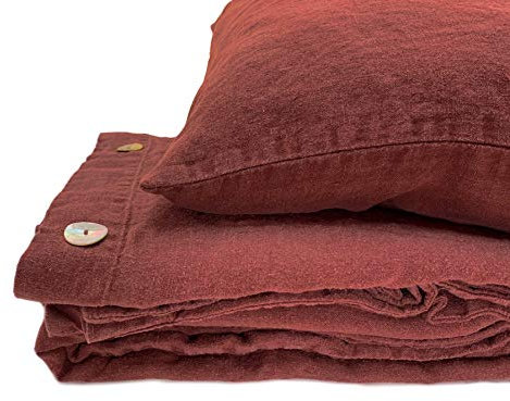 JOWOLLINA - Biancheria da letto in lino naturale slavato, 155 x 220 cm, 40 x 80 cm, colore ciliegia