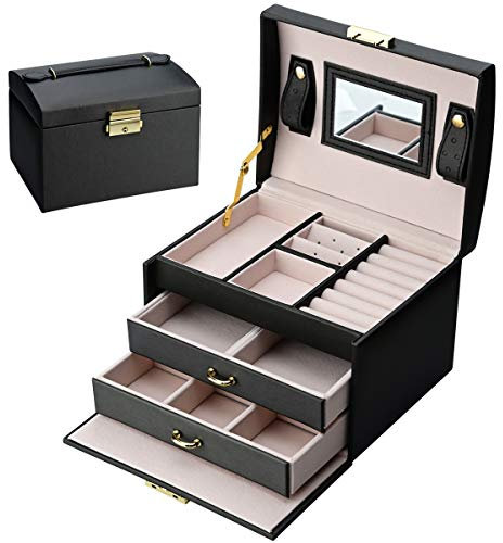 Podazz Scatola di Gioielli Cofanetto Portagioie Beauty Case di immagazzinaggio a Tre Strati Organizer Gioielli con Specchio e Serratura per Anelli Collane Orecchini,Nero（18.5 * 15 * 14cm）