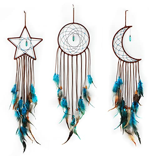 3 Traumfänger Mond Sonnen Stern Design Handgefertigt Traditionell Design Handwerk Ornamente für Wand Kunst Hängend Wohnung Deko für Schlafzimmer Jungen Mädchen (Dunkelblau)