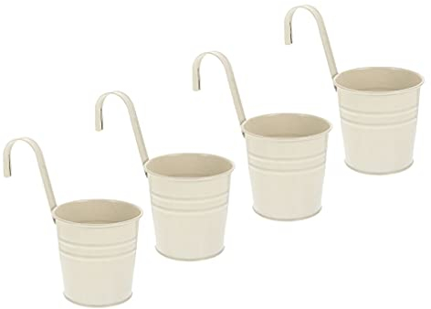 Cabilock 4pcs Hanging Planter Pots with Detachable Hook Balcony Planters with Drainage Hole Metal Bucket Plant Holder for Gardenn Railing Fence Window Patio Decoration White