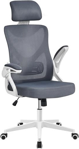 Yaheetech Sedia Ufficio Ergonomica con Braccioli Poggiatesta Regolabile Schienale Alto Funzione Dondolo Poltrona Scrivania Girevole in Rete Traspirante con Supporto Lombare Nera/Grigia