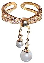 IMINI Dangle Pearl Cross Open Statement Ring for Women Girls 14K Gold Plated Cubic Zirconia Adjustable Layered Finger Band Threader Tassel Chian Engagement Promise Rings Dainty Jewelry Gifts