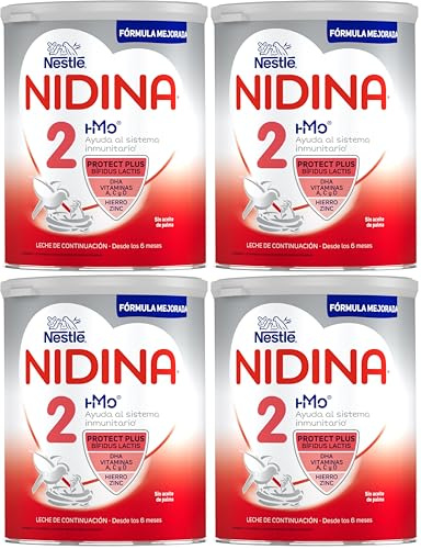 Nestlé Nidina 2- Leche de continuación en polvo para bebés a partir de los 6 meses. Bote de 800 gramos. (Paquete de 4)