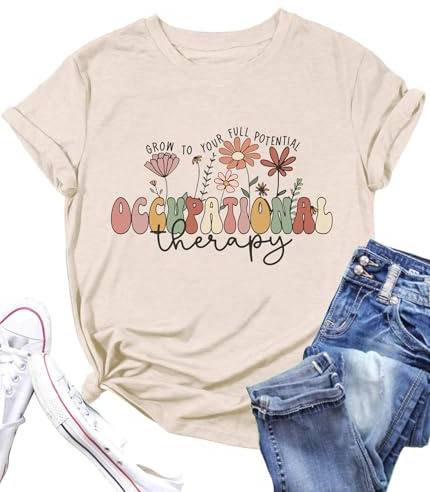 Occupational Therapy Shirts for Women Funny OT T-Shirts Assistant Therapist Month Graphic Mental Health Tee Tops-Beige M