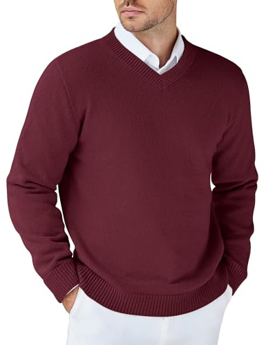 COOFANDY Pull Homme Col V Tricoté Manches Longues Hiver Bordeaux 3XL