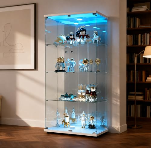 Vetrina in vetro 4 ripiani con ante 164 x 81 x 37 cm vetrina soggiorno vetrina per collezione, mobile vetrina vetro con LED e porte, trasparente armadio in vetro (doppia porta con luce, bianco a)