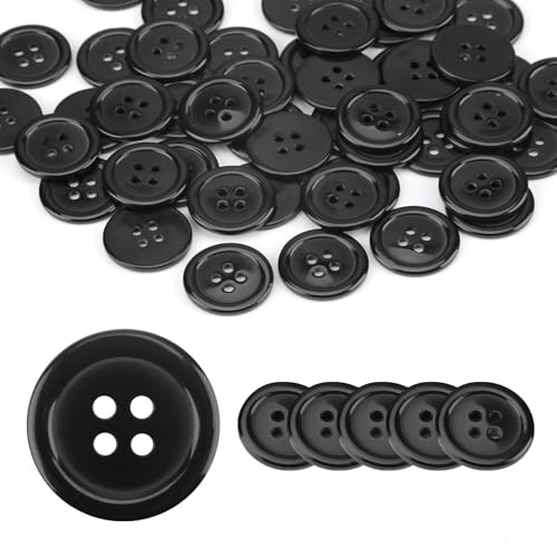 50Pcs Black Round Ridge Buttons, 20mm, 4 Holes, 32L for Suits, Coats, Shirts, Jeans, Cardigans, Tuxedos, and DIY Decoration - Resin Material