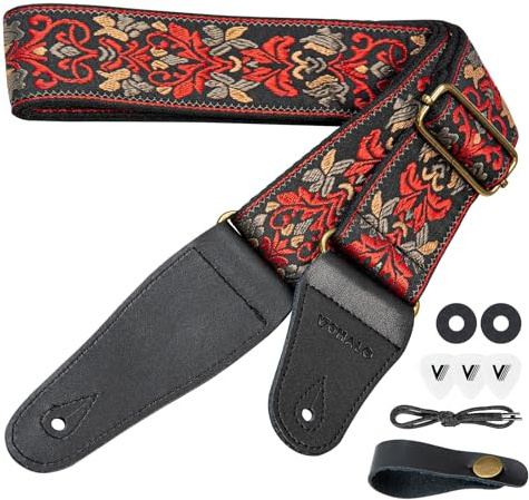 VOHALO Correa de Guitarra Acústica y Eléctrica, Almohadilla Ergonómica Extra, Diseño Vintage Floral, Longitud Ajustable 100-150cm, Incluye Púas y Accesorios (Rojo)