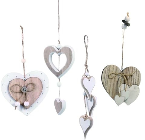 PHMING 4 Pezzi Pendenti Cuori Legno, Forma di Cuore Decorazioni da Appendere, Legno Ciondolo Decorativo Cuore, per Decorare Finestre, Stanze, Matrimoni