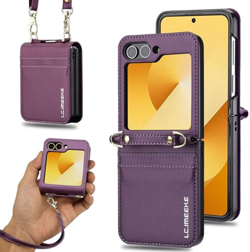 ZHOZEXIN Étui Portefeuille élégant en Cuir PU pour Samsung Galaxy Z Flip 5, avec Support, Fente pour Cartes, dragonne et bandoulière.（Violet）