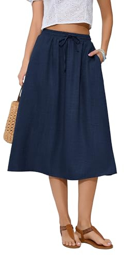Witsmile Women's Boho Cottage Skirt Elastic High Waist A Line Skirt Below Knee Flowy Beach Midi Skirt with Pockets(Navy Blue,XL)