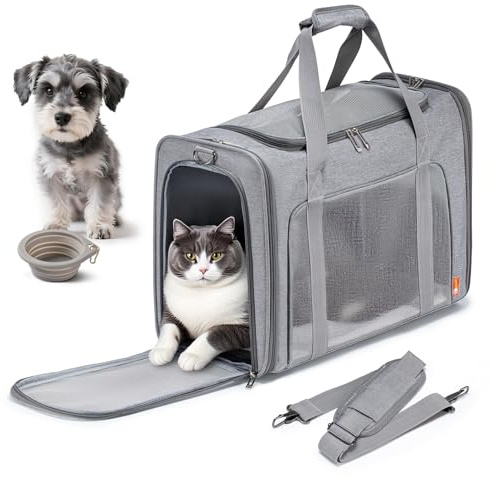 SUCIKORIO Foldable Cat Travel Carrier 55x40x23cm Airline Approved, Portable Dog Transport Carry Bags Soft Sided Collapsible Carrying Bag Top Opening Max 12kg With Shoulder Strap, Removable Mat, Bowl
