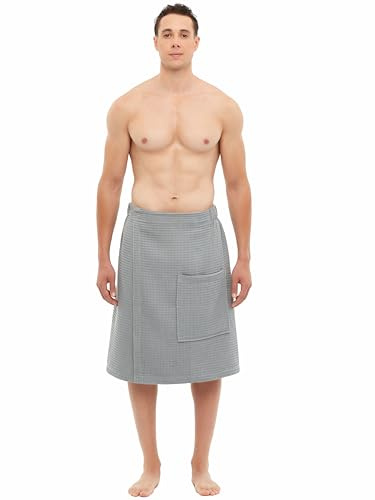 ESKYMODE Mens Waffle Adjustable Shower Wrap Robe, Gray, (S/M)