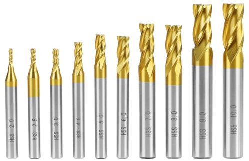 QWORK® Set di frese,10 pezzi, HSS con rivestimento in titanio, 2-10 mm – 4 taglienti, frese a candela per lavorazioni CNC, metallo, alluminio e legno