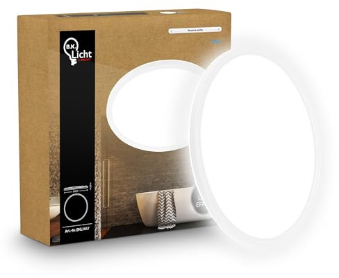 B.K.Licht Platt LED-panel med indirekt belysning, neutralt vitt ljus, IP44-skydd, badrum, kökskrona, ljuskrona, vardagsrum, 42 x 3 cm, vit