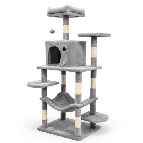 Árbol Rascador Gatos – Torre 4 Niveles con Caseta, Hamaca Cuna, Escalera, Postes Sisal, Juguetes Colgantes, Base 55×45cm, para Gatos Adultos (Gris, 140 cm)