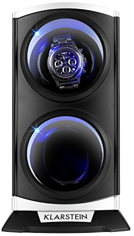 Klarstein St. Gallen Premium - Scatola del Tempo, Watch Winder, Carica Orologi Automatici, Capacità: 2 Orologi, 4 Velocità, Funzionamento Senso Orario, LED, Nero/Argento