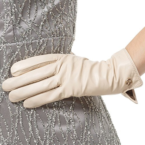 Nappaglo Damen Italienisches Lammfell Leder Handschuhe Touchscreen Winter Warm Langes Fleecefutter Handschuhe (M (Umfang der Handfläche:17.8-19.0cm), Weiß(Non-Touchscreen))