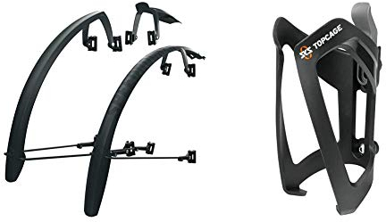 SKS GERMANY SPEEDROCKER SET Schutzblech-Set mit Streben: Fahrradzubehör (Radschutz für Gravelbikes, Cyclocrosser & Rennräder; Doppelspoiler-Funktion) & TOPCAGE Flaschenhalter für Fahrräder, Schwarz