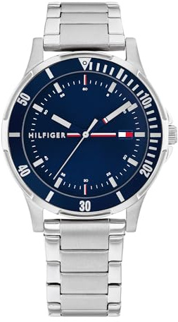 Tommy Hilfiger Jungen Uhr mit Blauem Zifferblatt, Edelstahlarmband, 34 mm Edelstahlgehäuse, Aluminiumlünette, 3-Zeiger-Quarzwerk, 5 ATM Wasserdicht - 1720018