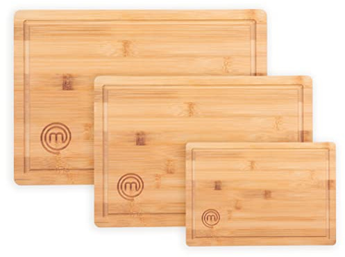 MasterChef Cutting Boards for Kitchen, Bamboo Chopping Board Set of 3, Organic Food Safe Surfaces for Preparing & Serving Meat, Cheese etc, Large, Medium & Small Wooden Boards with Juice Grooves