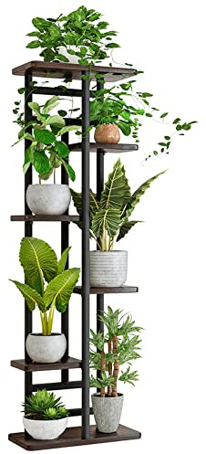 QLFJ-FurDec Lot de 6 supports pour escaliers de plantes d'intérieur - En bois et métal - 7 pots de fleurs - Pour balcon, jardin, rebord de fenêtre - Coin (6 niveaux, 7 pots, noir)