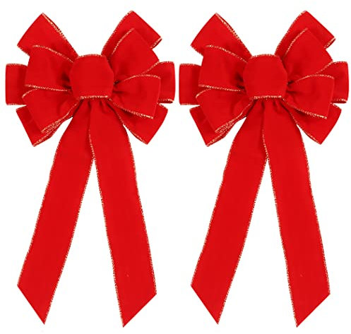 2 Pack Red Christmas Bows Outdoor Decorations,12”x20” Large Christmas Tree Topper Bow, Velvet Wreath Bow with Glitter Gold Edge for Xmas Home Front Door Decor