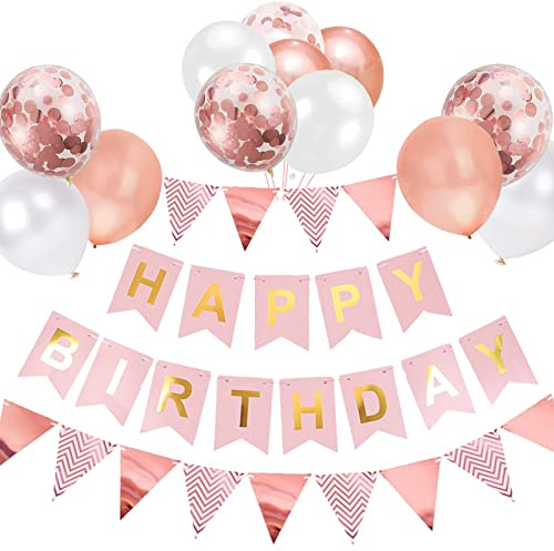 Happy Birthday bunting Banner balloons, Rose Gold Party Decorations Happy Birthday Bunting Banners, 12 inch Happy Birthday Balloons Perfect for Birthday Party Decorations
