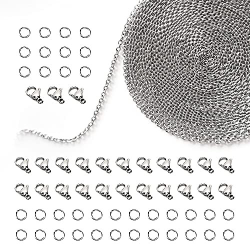 TEEUCNY Stainless Steel Link Chain, 39 Feet/ 12M Stainless Steel Cable Chain Necklace with 25 Lobster Clasps & 60 Jump Rings for Necklace Bracelet Earring Extension DIY Jewelry Making Chain Kit 2.4mm