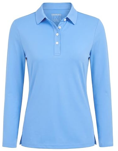 TACVASEN Women's Polo Shirts Long-Sleeve Top Breathable Casual Sports Polo Plain Golf Tops T Shirts Waterfall Blue,M