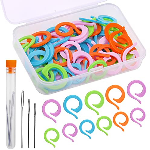Riddur 55 Stück Bunt Strick-Maschenringe, Verschließbare Maschenmarkierer mit Kunststoffbox, 21/17mm Maschenmarkiere-Ringe mit Stumpfe Nadel mit Großem Öhr für Diy Nähen Stricken Bastelarbeiten